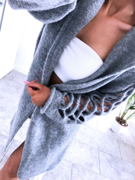 Długi kardigan z kapturem i wycięciami MIRELLE