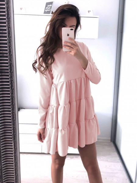 Trapezowa sukienka z falbankami LEXIE - pudrowy róż