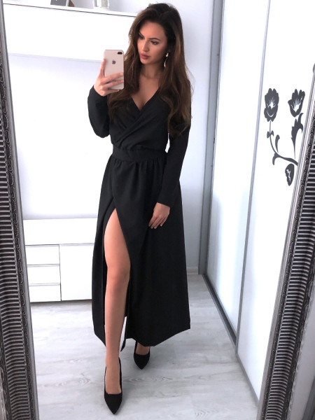 Maxi sukienka z kopertowym dekoltem LAURETTA - czerń