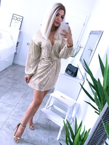 Cekinowa sukienka z paskiem JENNIFER - jasny beż 2