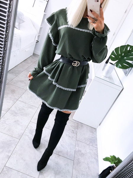 Rozkloszowana sukienka z falbanami  Kornelia - Butelkowa zieleń 2