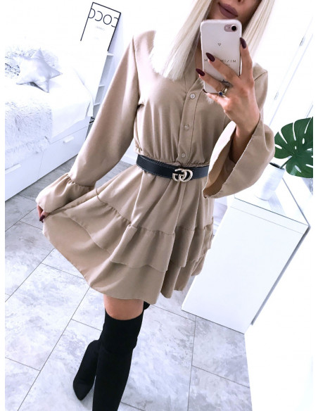 Rozkloszowana sukienka z falbanką KATIE - jasny beż