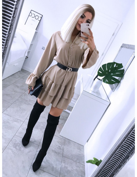 Rozkloszowana sukienka z falbanką KATIE - jasny beż