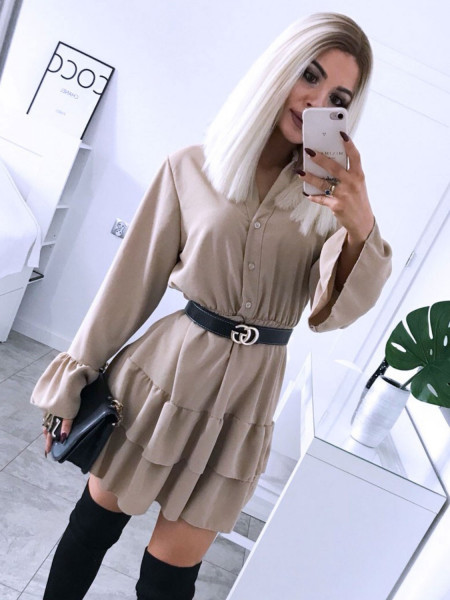 Rozkloszowana sukienka z falbanką KATIE - jasny beż