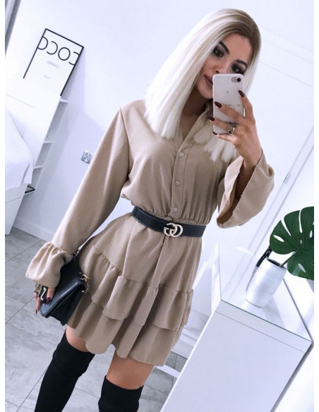 Rozkloszowana sukienka z falbanką KATIE - jasny beż