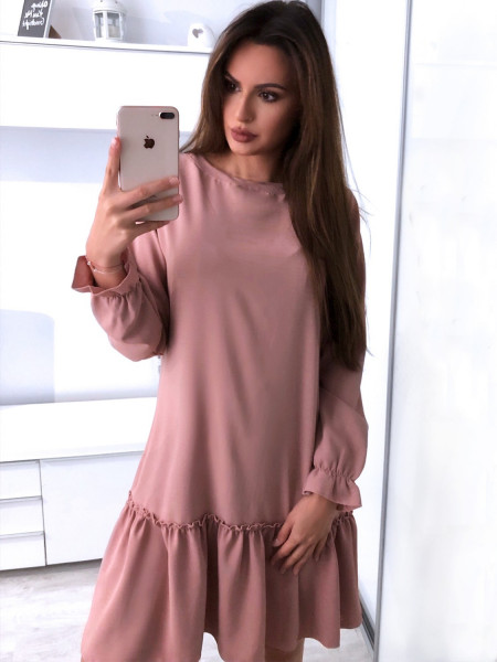 Trapezowa sukienka z falbaną SABINA - Pudrowy róż