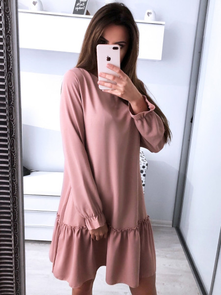 Trapezowa sukienka z falbaną SABINA - Pudrowy róż 2