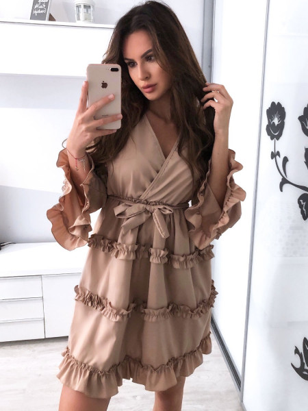 Rozkloszowana sukienka z falbankami BROOKE - jasny beż