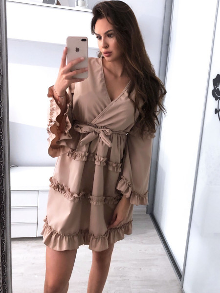 Rozkloszowana sukienka z falbankami BROOKE - jasny beż 2