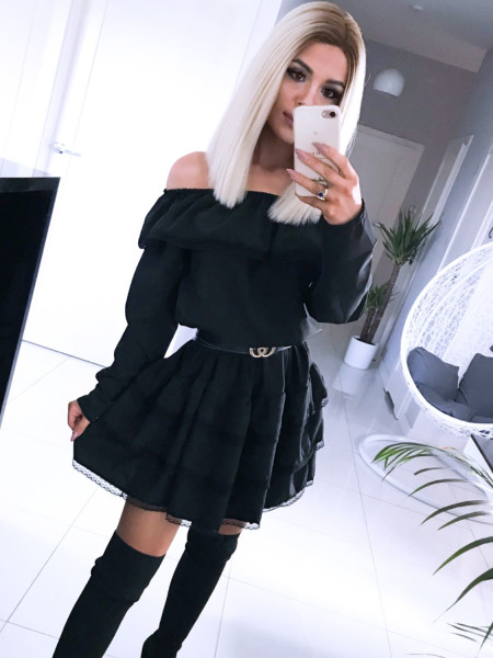 Rozkloszowana sukienka z falbankami CATRINE - czerń 