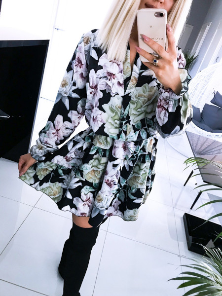 Rozkloszowana sukienka print z dekoltem v MARINA - wzór 1 