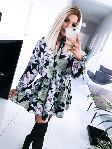 Rozkloszowana sukienka print z dekoltem v MARINA - wzór 1  2