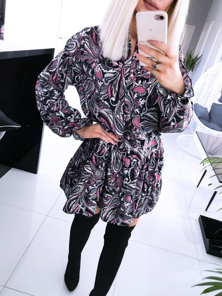 Rozkloszowana sukienka print z dekoltem v MARINA - wzór 2