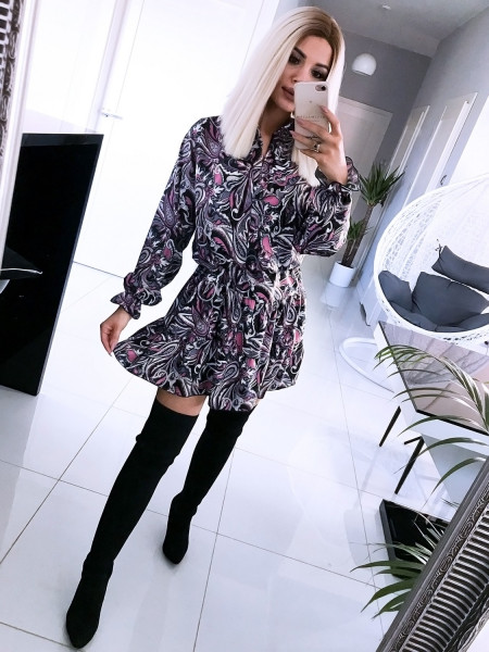 Rozkloszowana sukienka print z dekoltem v MARINA - wzór 2 2