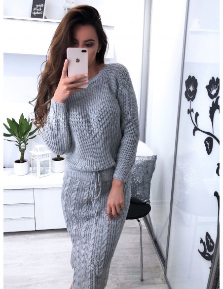 Sweterkowy komplet spódnica + sweter VERENA - popiel