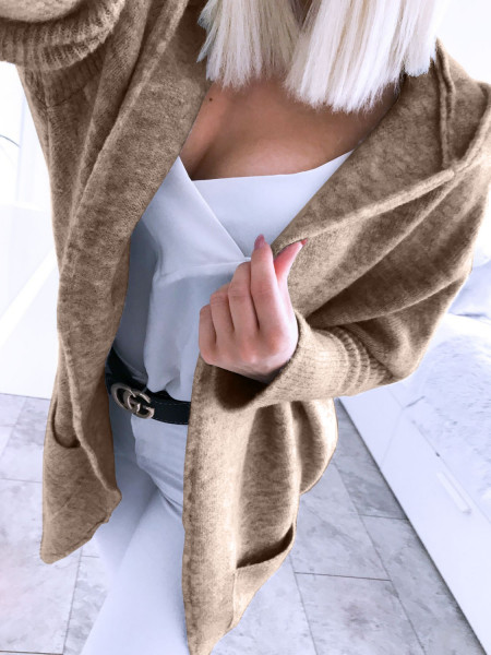Długi kardigan narzutka z kieszeniami GWEN - latte