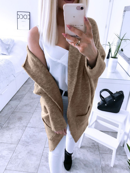 Długi kardigan narzutka z kieszeniami GWEN - latte 2