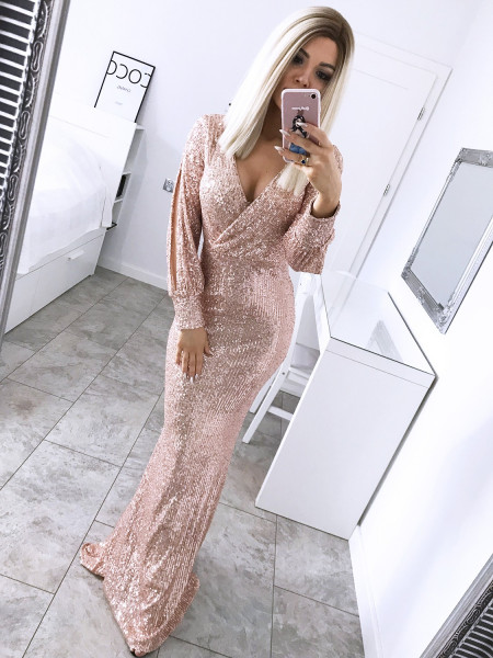 Cekinowa sukienka maxi OLIVIA - pudrowy róż